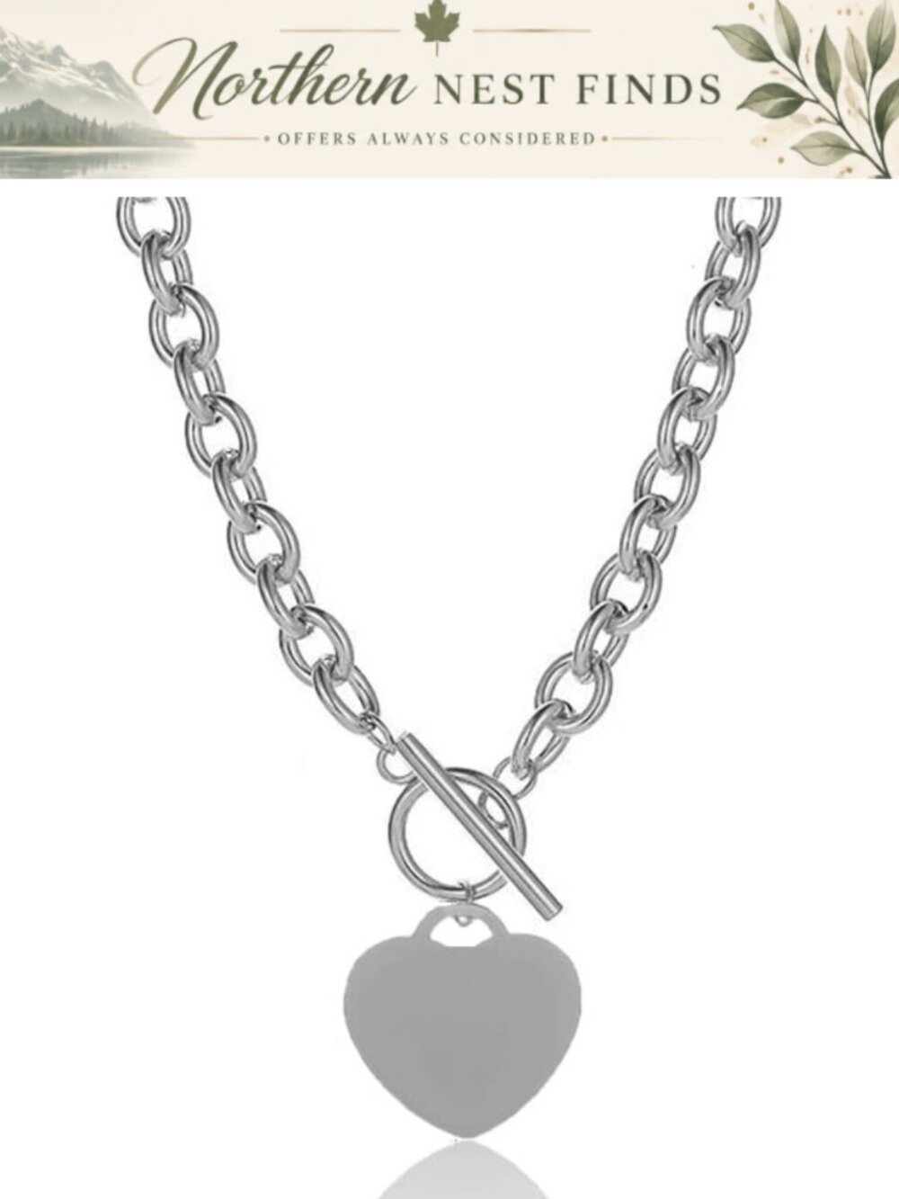 Stainless Steel Heart Toggle Necklace Cable Chain Choker Pendant Women Jewelry